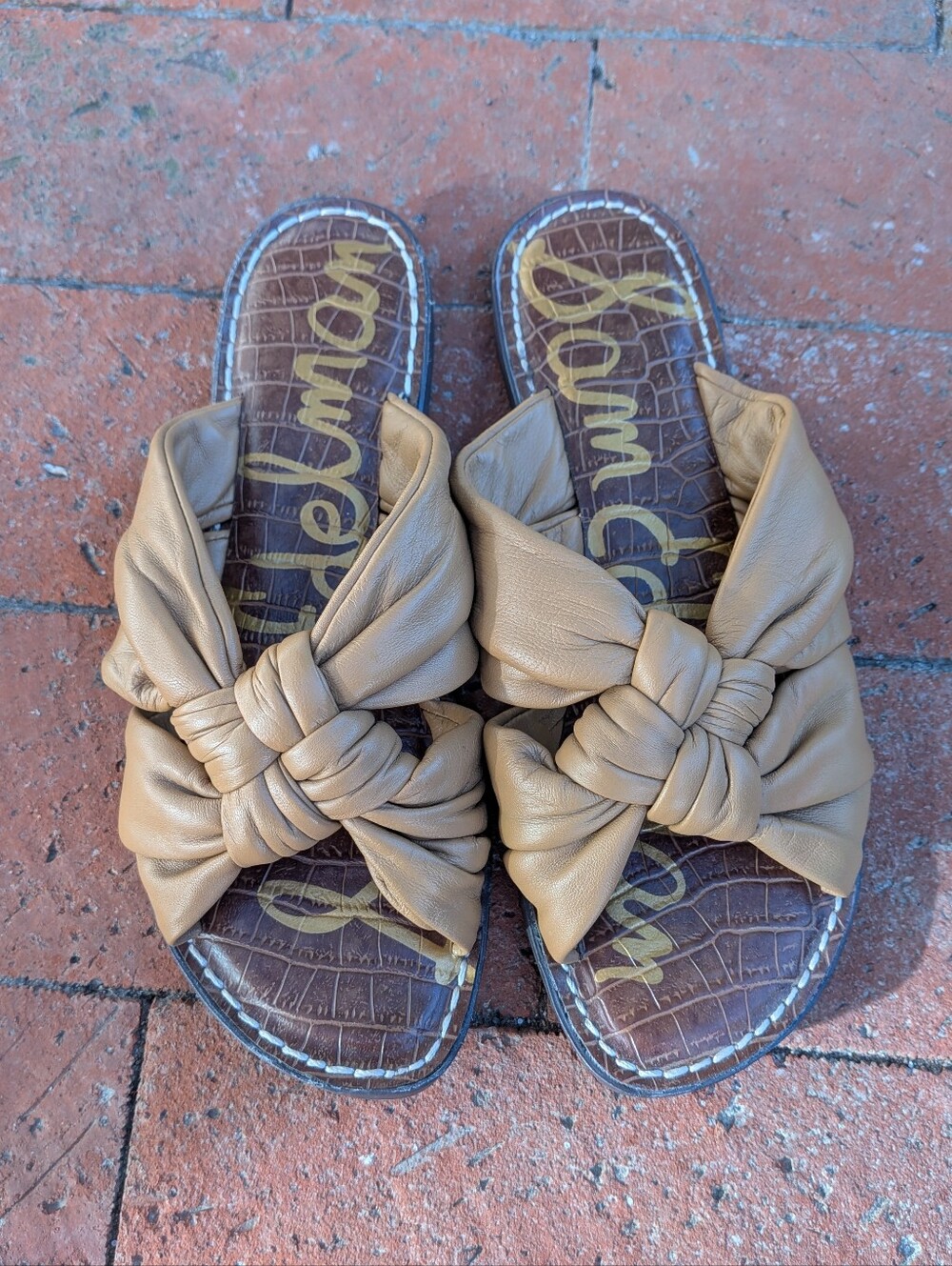 { Sam Edelman } Puffy Knotted Leather Slides Sandals Camel Tan